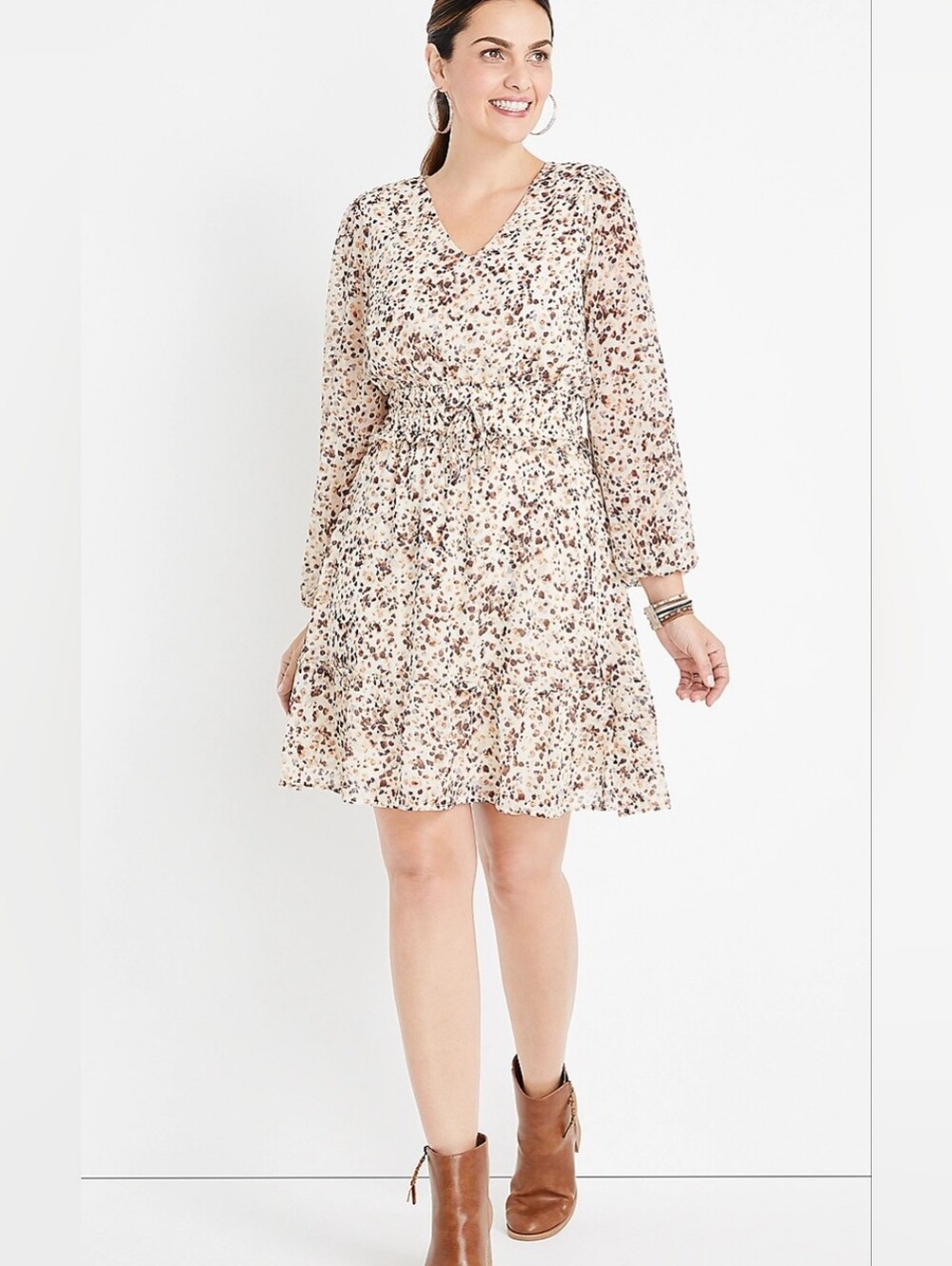 Maurice's Polka Dot V-Neck Smocked Waist Dress in Cream- XL